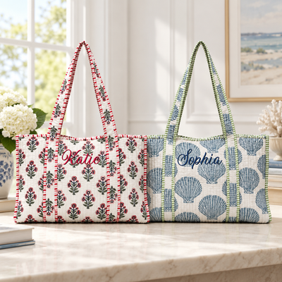 Personalized Floral Block Print Quilted Tote, Custom Name Cotton Beach Bag Gift for Women