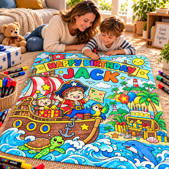 Custom Name Race Car Dinosaur Space Pirate Coloring Blanket, Personalized Kids Birthday Coloring Blanket with 24 Fabric Markers