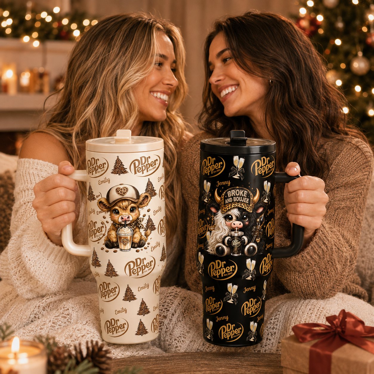 Custom Name Dr Pepper Tumbler Wrap, Christmas Western Highland Cow & Ghost Leopard Design, Holiday Drink Lover Gift For Besties, Fmaily