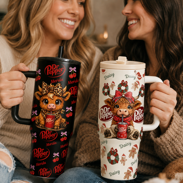 Personalized Dr Pepper Highland Cow 40oz Tumbler With Handle Straw Lid Custom Name Leopard Red Bow Christmas Gingerbread Stainless Steel Insulated Mug Gift For Friends