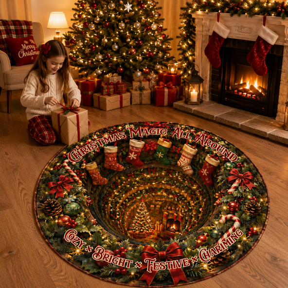 Christmas 3D Vortex Optical Illusion Round Rug Non-Slip Decorative Floor Mat, Winter Snow Forest Deer Snowman Vintage Red Truck Cabin Wreath Pattern, Indoor Holiday Home Decor Gift For Family, Christmas Enthusiasts