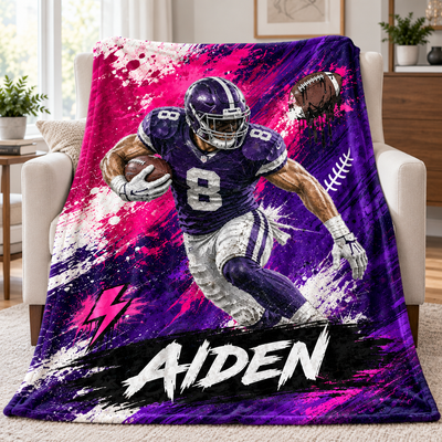 Personalized American Football Photo Blanket, Graffiti Oil Painting Style Soft Throw, Custom Name Gift for Player Lover
