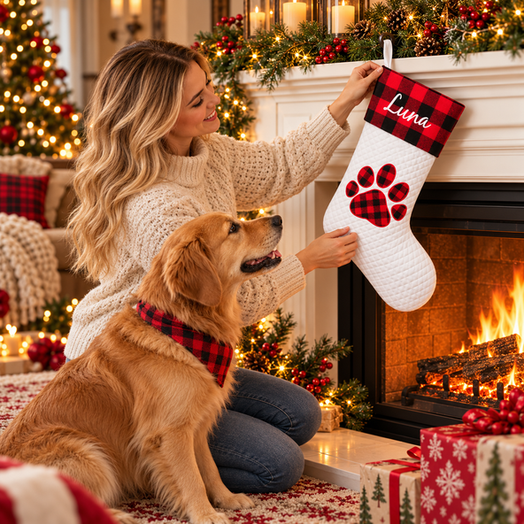 Personalized Buffalo Plaid Christmas Stocking, Custom Name Embroidered Quilted Cotton Stocking, Holiday Decor & Christmas Gift for Family and Pets