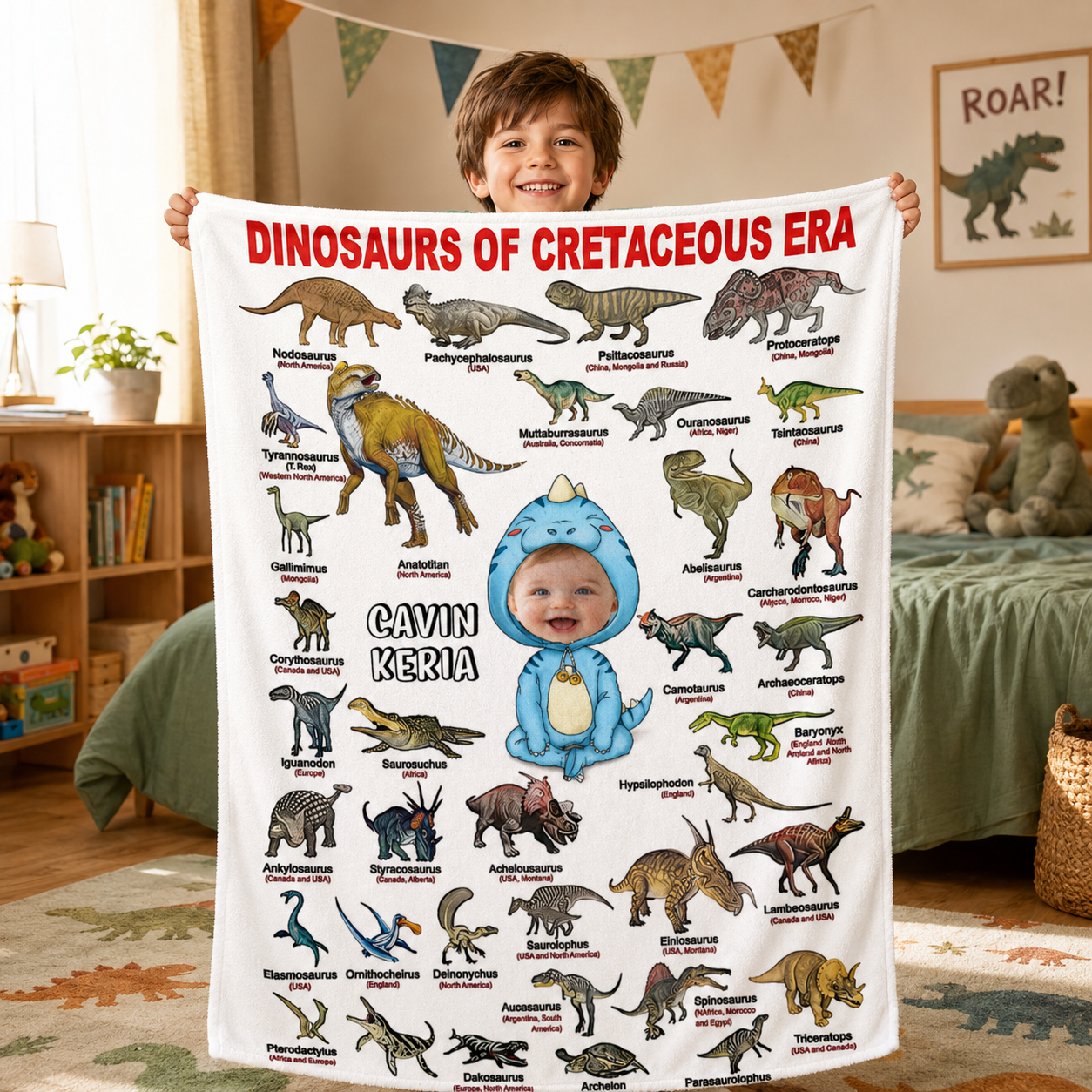 Personalized Cretaceous Dinosaur Chart Blanket | Custom Kids Face & Name Educational Dino Throw Blanket