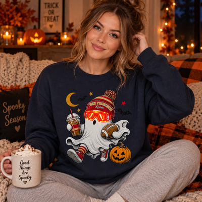 Personalized Halloween Glow Sweatshirt & T-Shirt – Custom Name Skeleton Design with Glowing Glasses, Spooky Gift for Halloween Lovers