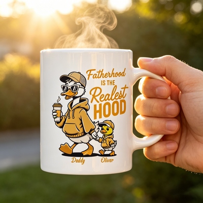 Personalized "Fatherhood is the Realest Hood" Duck Family Mug, Custom Name Gift for Dad