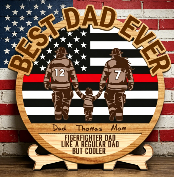 Custom "Best Dad Ever" Firefighter Family Sign, Personalized Wooden Plaque for Dad