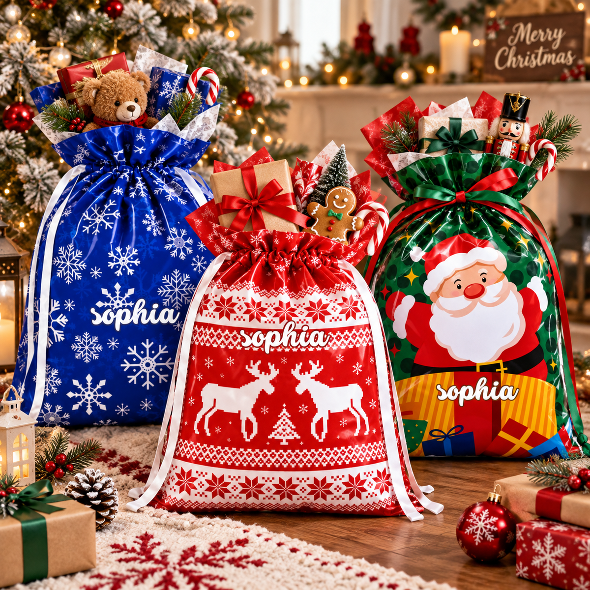 Personalized Christmas Gift Bag Set – Custom Name & Assorted Patterns, Holiday Gift Packaging for Family & Friends