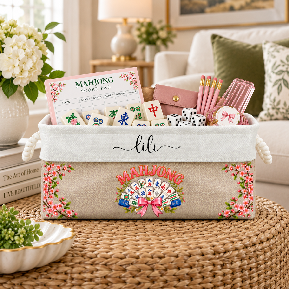 Personalized Mahjong Storage Basket – Custom Name Mahjong Tile Organizer, Game Night Gift for Mahjong Lovers