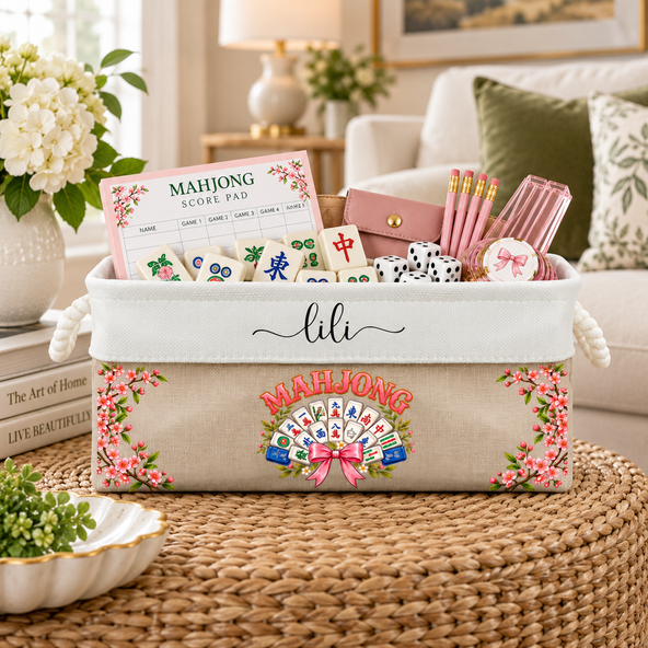 Personalized Mahjong Storage Basket – Custom Name Mahjong Tile Organizer, Game Night Gift for Mahjong Lovers