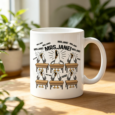 Funny Classroom Seagull Mug | Custom Teacher Name Coffee Cup, Gift for Teachers
