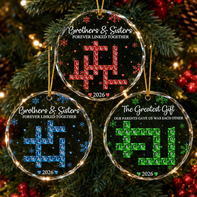 Brothers & Sisters Forever Linked Together - Custom Scrabble Crosswords Family Names - Personalized Ornament