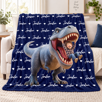 Personalized Dinosaur Blanket – Custom Name & AI Cartoon Portrait Flannel Blanket, Cozy Gift for Kids