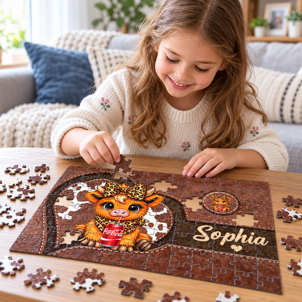 Personalized Highland Cow Puzzle, Custom Name Leopard Bow Highland Cow Soft Drink Jigsaw Puzzle, Gift For Highland Cow Lover