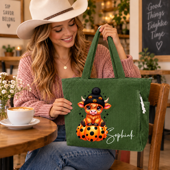 Personalized Highland Cow Tote Bag – Custom Name Corduroy Shoulder Bag, Christmas Gift for Cow Lovers