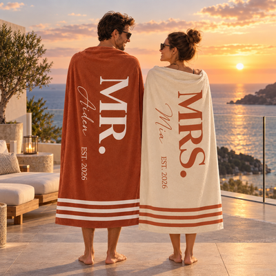 Custom Name Mr & Mrs Coastal Couple Towel Set, Romantic Honeymoon & Wedding Anniversary Present For Newlyweds - Personalized Beach Towels