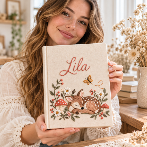 Personalized Embroidered Floral Journal, Custom Name Linen Notebook, Handmade Keepsake Gift