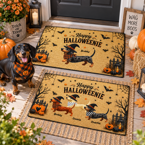 Cute Dachshund Halloween Welcome Mat, Spooky Halloweenie Custom Entry Decor, Gift For Doxie Dog Owners - Personalized Doormat