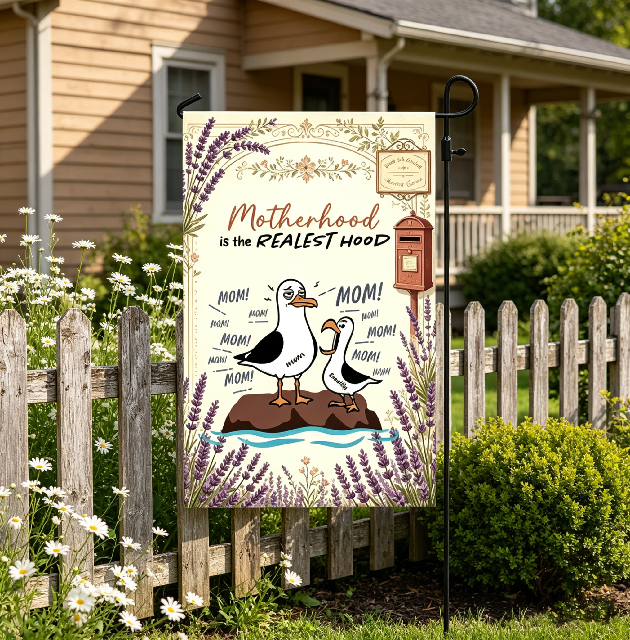 Motherhood Is The Realest Hood Funny Seagull Garden Flag, Lavender Floral Mom Yard Flag