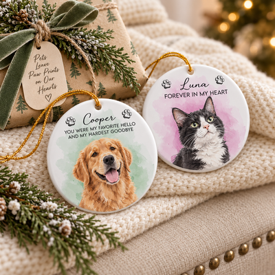 Custom Watercolor Pet Portrait Keepsake, Sympathy Gift for Pet Owners - Personalized Ornament