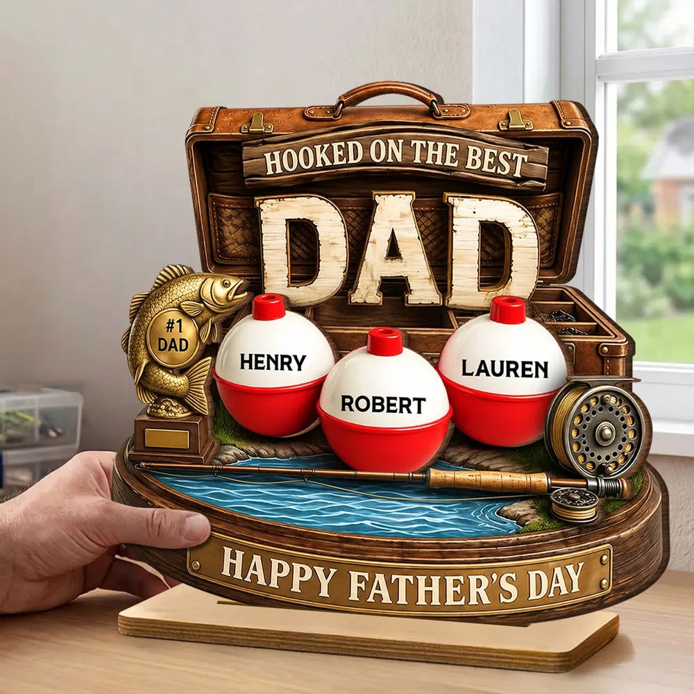 Hooked On The Best Dad Fishing - Personalized 2-Layered Wooden Plaque - Heartfelt Gift For Fishing Dad, Gift For Husband