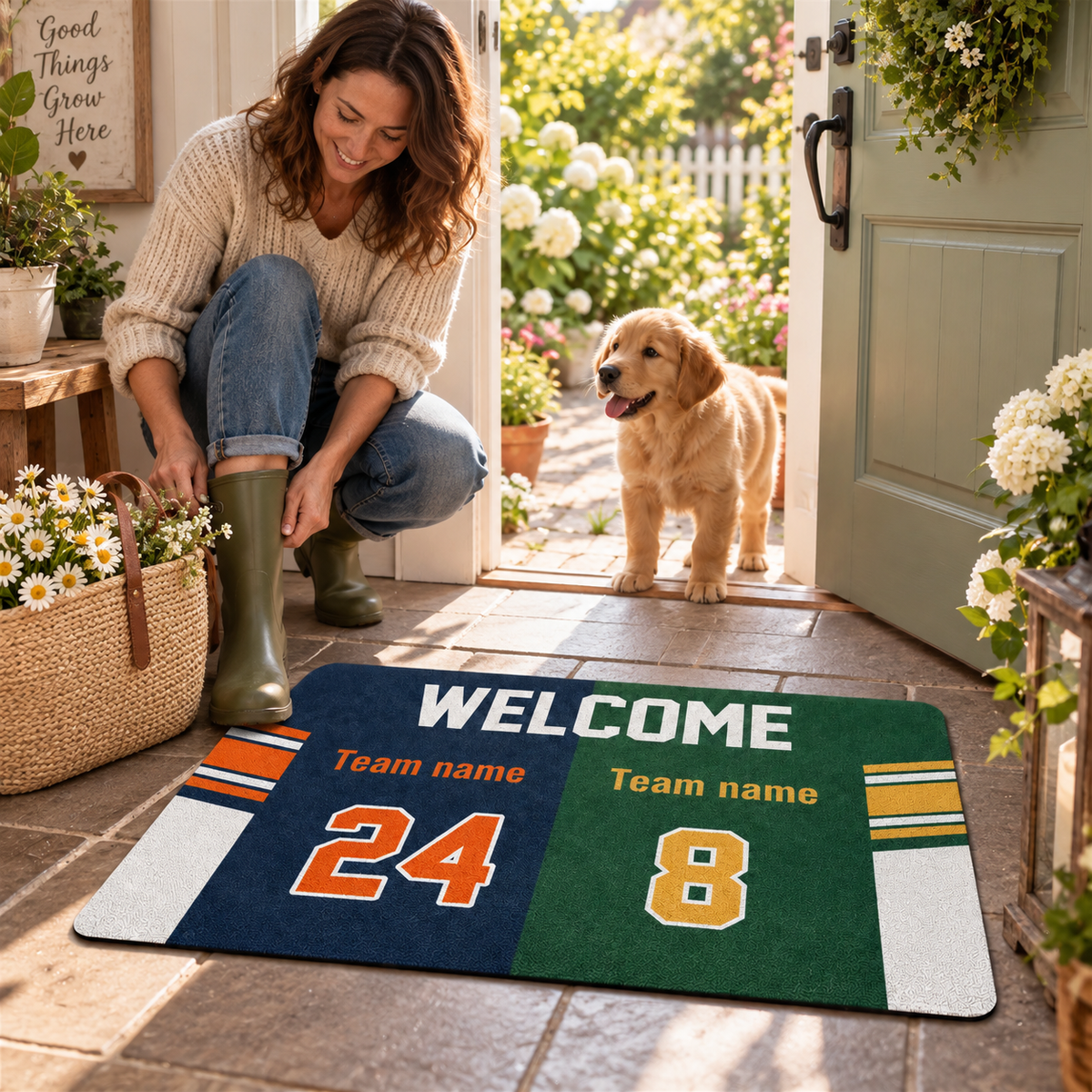 Custom Football Welcome Doormat, Personalized Team Name & Number Anti-Slip Mat, Housewarming Birthday Gift for Sports Fans