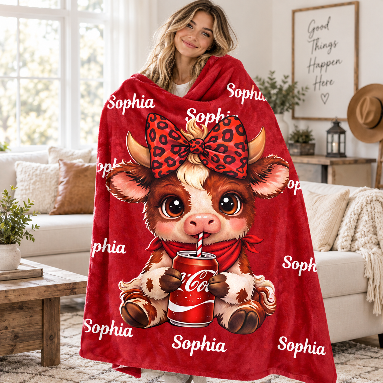 Cartoon Printed Character-Themed Cute Highland Cow Pattern Throw Blanket, Soft Warm Lightweight Blanket for Home & Office