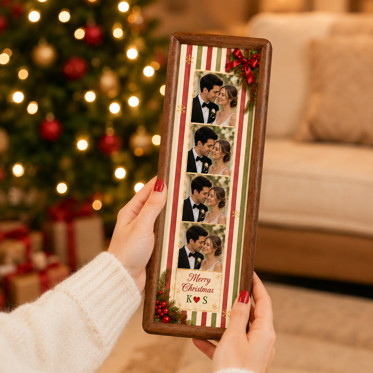 Personalized Vertical Photo Collage Wooden Frame, Custom 4‑Picture Couple Photo Frame With Text & Initials, Our First Christmas Gift for Newlywed Couple