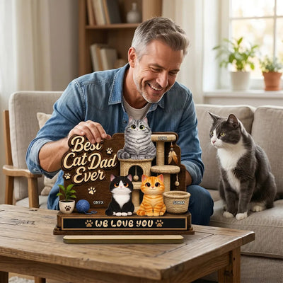 Best Cat Dad Ever Cute Cats On Cat Tree 2D Flat - Personalized 2-Layered Wooden Plaque - Father's Day Gift For Cat Dad