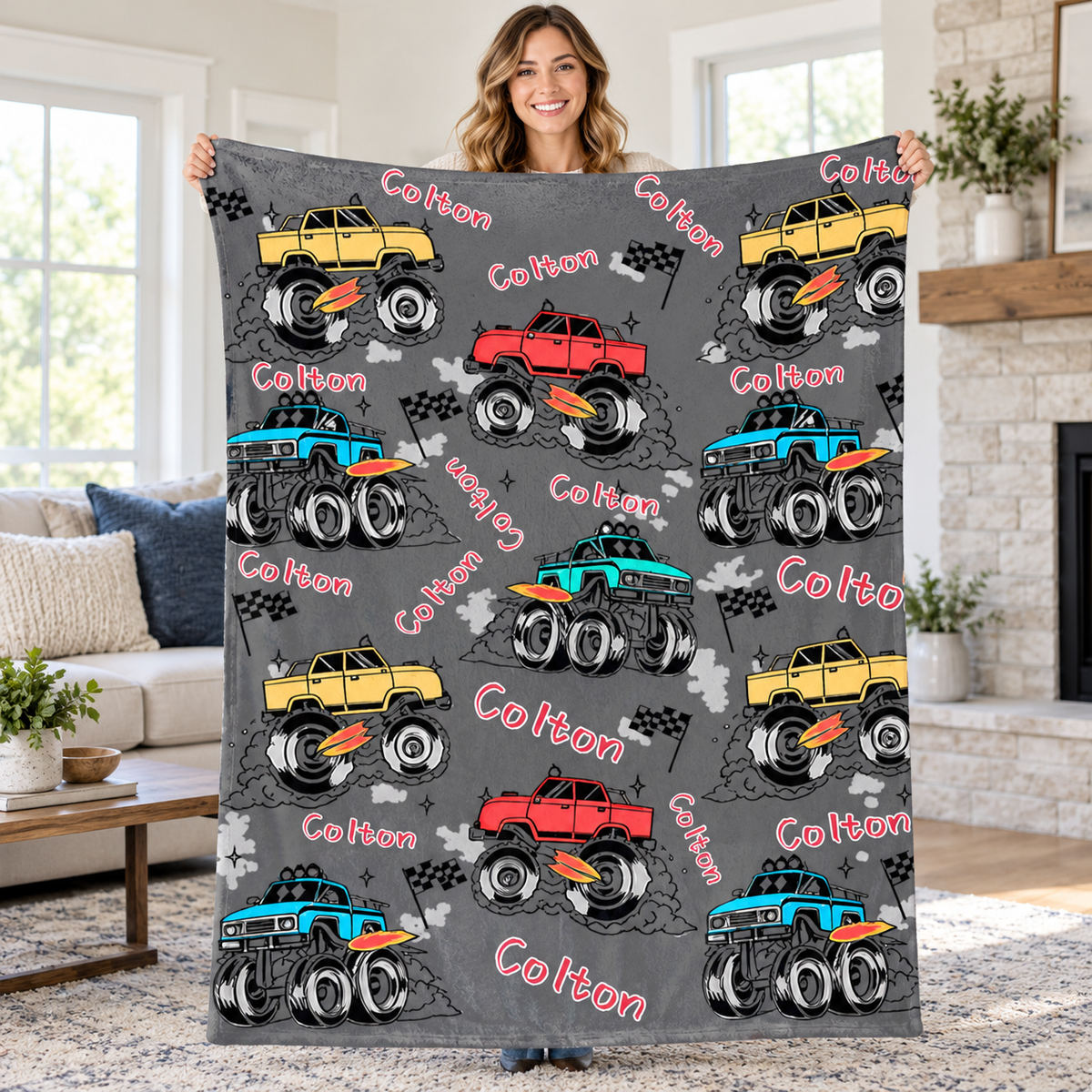 Custom Name Monster Truck Blanket, Kids Soft Blanket, Birthday & Back to School Gift