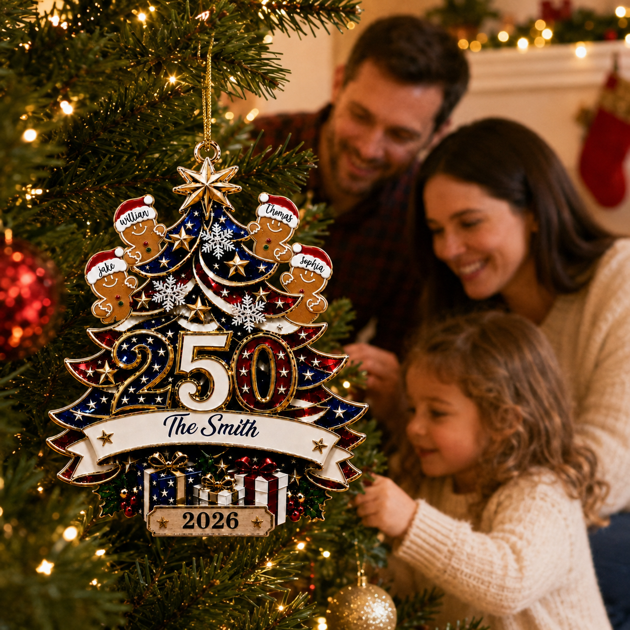 Custom 250th Anniversary Gingerbread Family Acrylic Ornament – Patriotic America 1776-2026 Christmas Tree Decor For Family