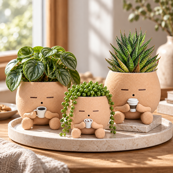 Cute TOT With A Drink Cozy Planter Pot, Coffee Lover Succulent Planter, Cute Coffee Decor Plant Gift for Plant Lovers, Plant Pot With Drainage Hole
