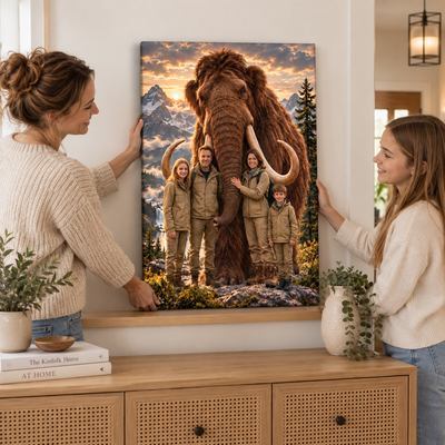 Personalized Adventure Poster – Custom AI Portrait with Woolly Mammoth Companion, Mountain Sunset Outdoor Wall Art Gift for Family & Kids