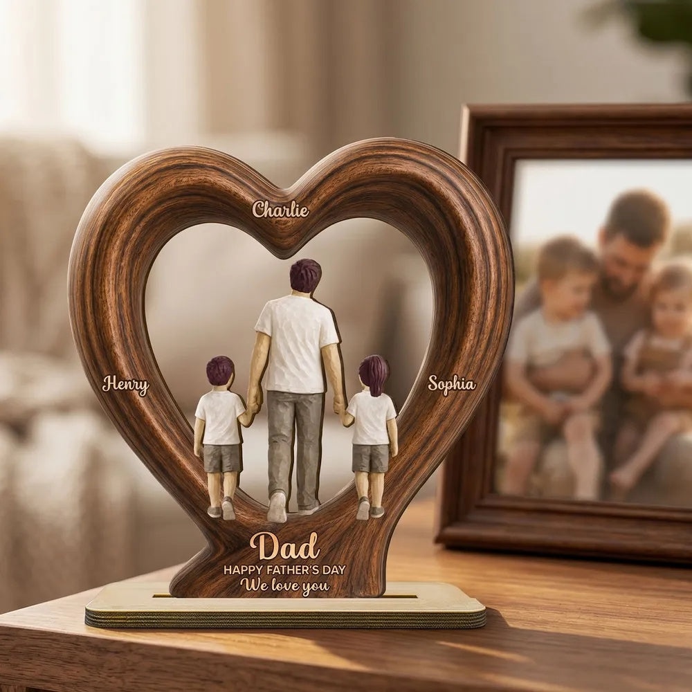 Sentimental Rustic Dad And Kids Walking In Heart 2D Flat - Personalized 2-Layered Wooden Plaque - Father's Day Gift For Dad, Husband