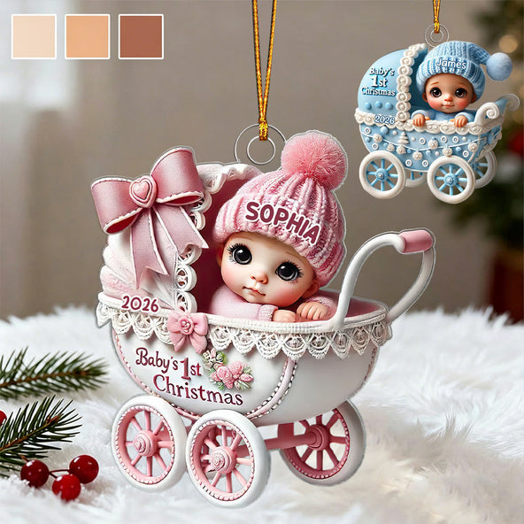 3D Effect Newborn Baby In Carriage Christmas Personalized Ornament