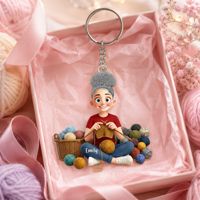 Personalized Acrylic Keychain - Cartoon Crochet Knitting Girl Hobby Keepsake