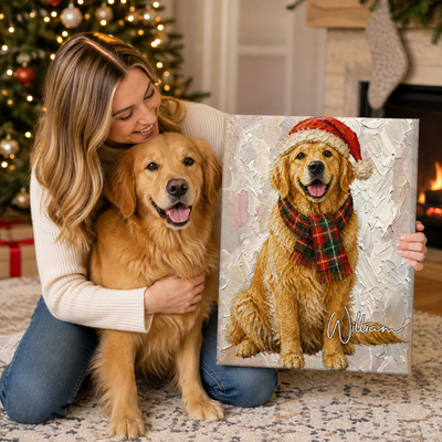 Personalized Christmas Pet Portrait Canvas – Custom Oil Painting Style Dog & Cat Photo with Name for Holiday Home Decor, Gift for Pet Owners & Pet Lovers