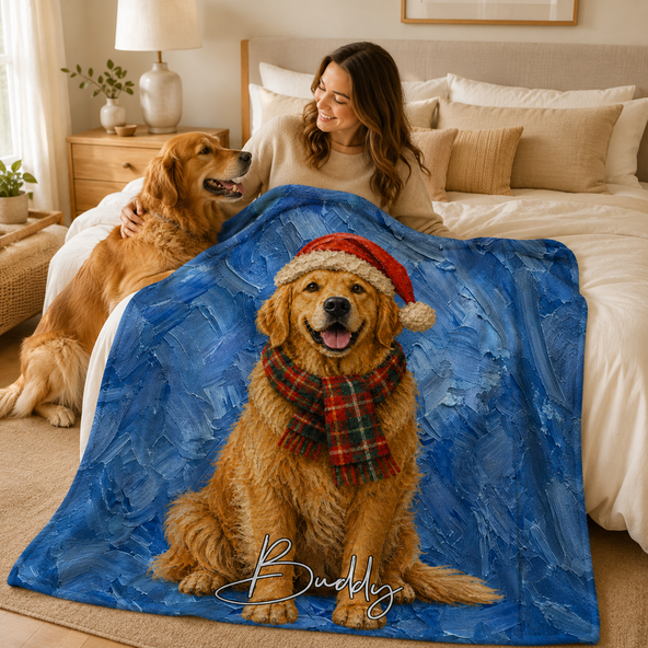 Personalized Christmas Pet Portrait Blanket – Custom Oil Painting Style Dog & Cat Photo with Santa Hat & Scarf, Holiday Gift for Pet Owners & Pet Lovers