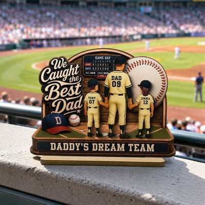 Baseball Things Dad & Kids Back View Standing 2D Flat - Personalized 2-Layered Wooden Plaque - Happy Father's Day For Baseball Dad