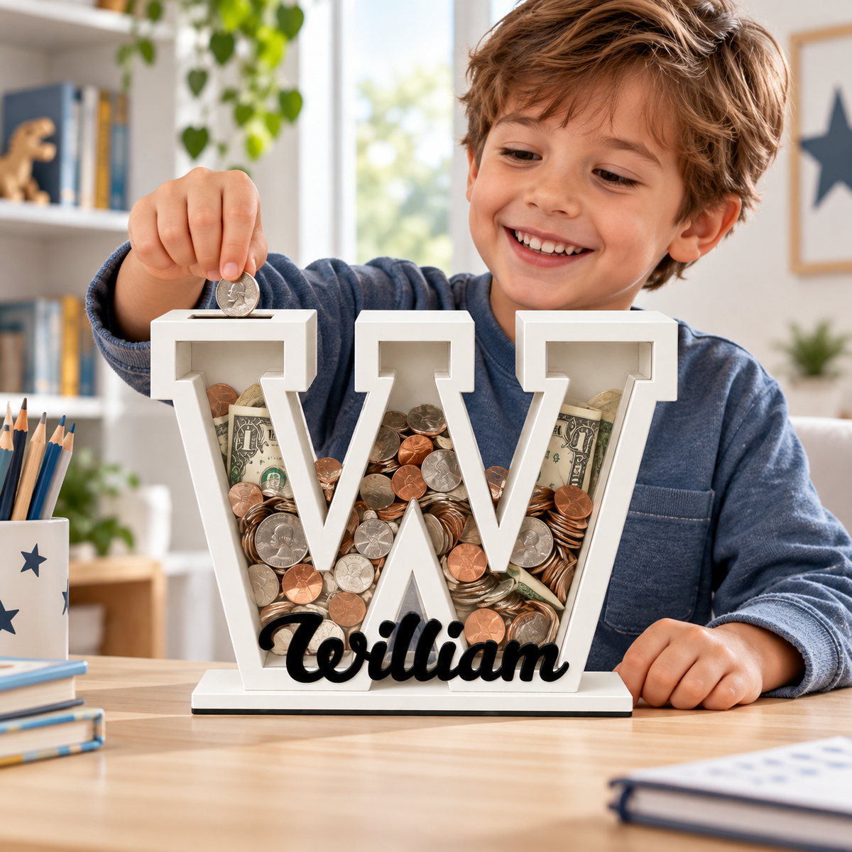 Personalized Letter Piggy Bank, Wooden & Clear Acrylic Initial Coin ...