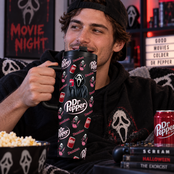 Scream Ghostface Tumbler, 40oz Stainless Steel Insulated Travel Mug, Dr. Pepper Soda Themed Drinkware,  Perfect for Halloween, Horror Movie Nights