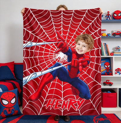 Personalized Photo Spider Hero Kids Blanket, Sky Adventure Custom Portrait Blanket, Naptime Comfort Gift for Birthday, Back to School & Children’s Day