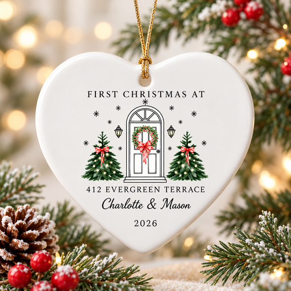Personalized New Home Christmas Ornament – Custom Address & Names Ceramic Keepsake, First Christmas in New Home Gift for Couples & Families