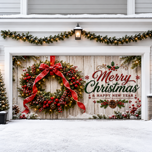 Merry Christmas Garage Door Banner, Winter Holiday Xmas Ornament Wreath Garage Door Cover, Outdoor Christmas Home Decoration Gift for Family, Neighbors & Holiday Enthusiasts