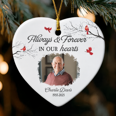 Always & Forever In Our Hearts Christmas Ornament - Personalized Ceramic Photo Ornament