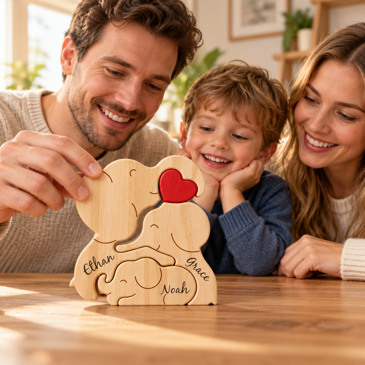 Personalized Elephant Family Puzzle, Custom Name Wooden Family Keepsake, 2-6 Family Members Interlocking Puzzle, Christmas Gift for Parents & Grandparents