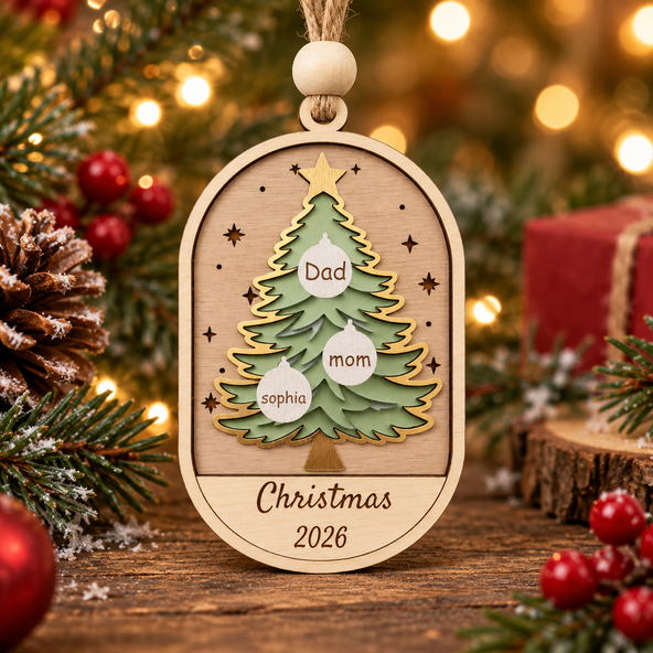 Personalized Family Christmas Tree Ornament – Custom Name Wooden Family Tree Decoration, Christmas Keepsake Gift for Family & Grandparents