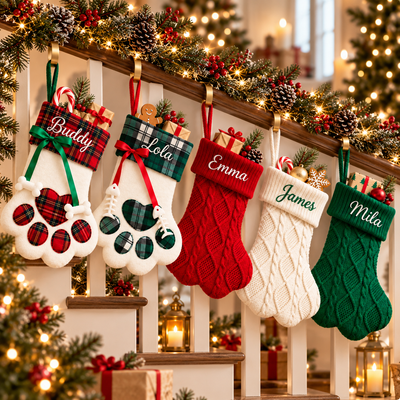 Personalized Paw Christmas Stocking, Custom Embroidered Name Stocking, Pet Lover Christmas Decor