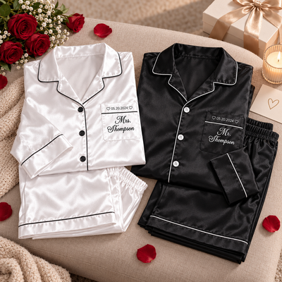 Personalized Custom Satin Couple Pajamas, Bride & Groom Mr and Mrs Pjs, His and Hers Matching Sleepwear, Wedding Honeymoon Valentine's Day Gift