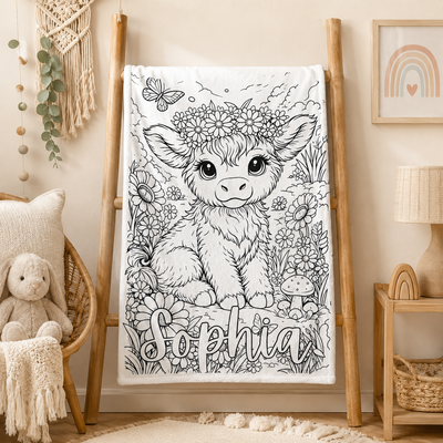 Personalized Highland Cow Coloring Blanket | Custom Girl Name Floral Daisy DIY Colorable Blanket